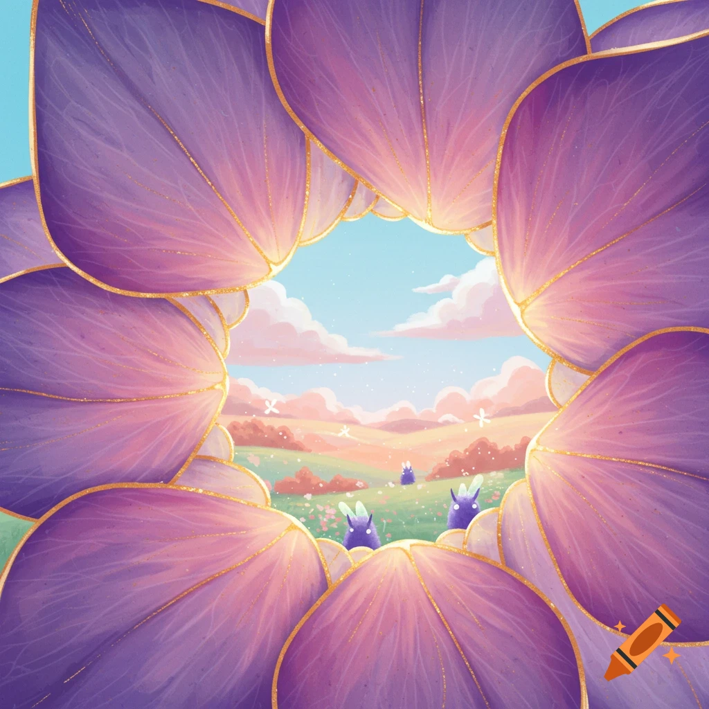 A vibrant fantasy landscape with purple creatures, seen through large purple flower petals.
