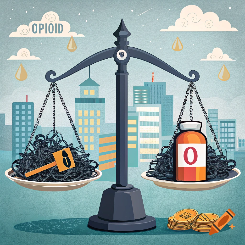 Illustration of a scale balancing tangled mass and an opioid bottle against coins with a city skyline background.