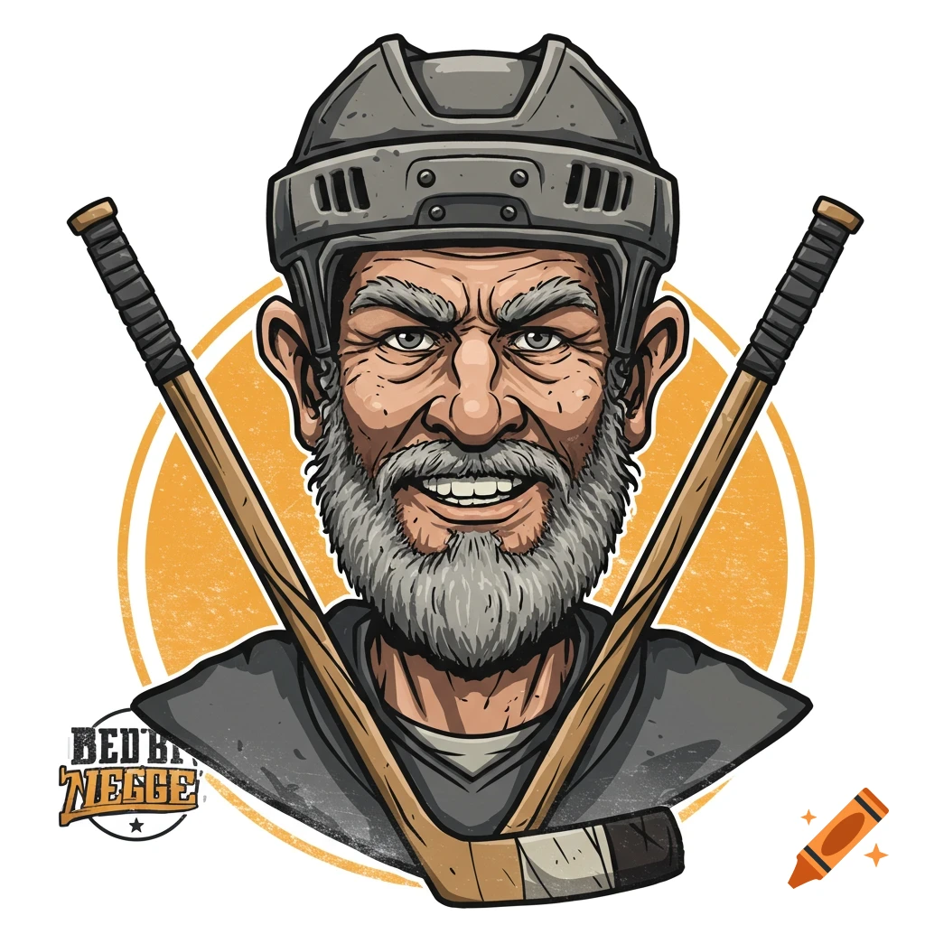 Cartoon portrait of an older man in hockey gear with crossed sticks.