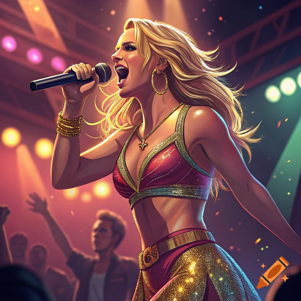 Singer in sparkly outfit performing on stage with a microphone.