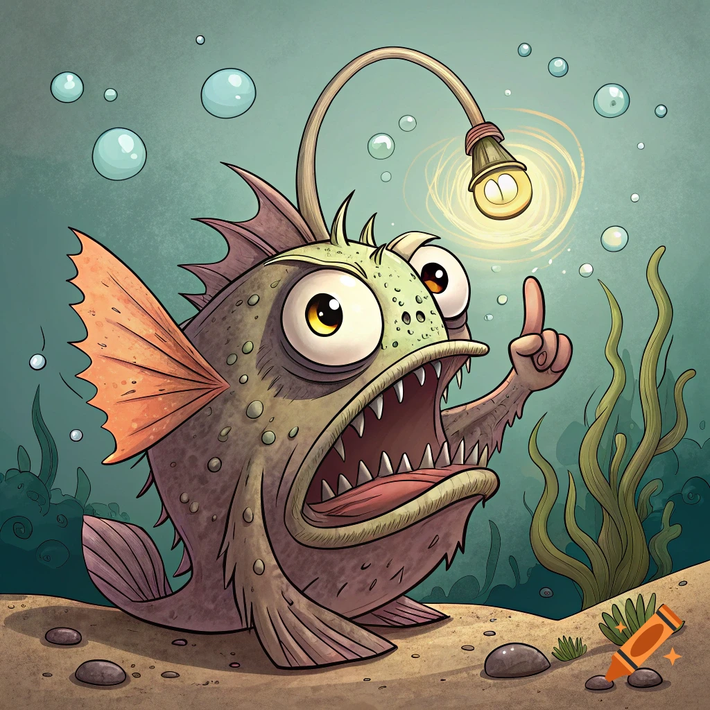 Cartoon angler fish underwater raising a fin