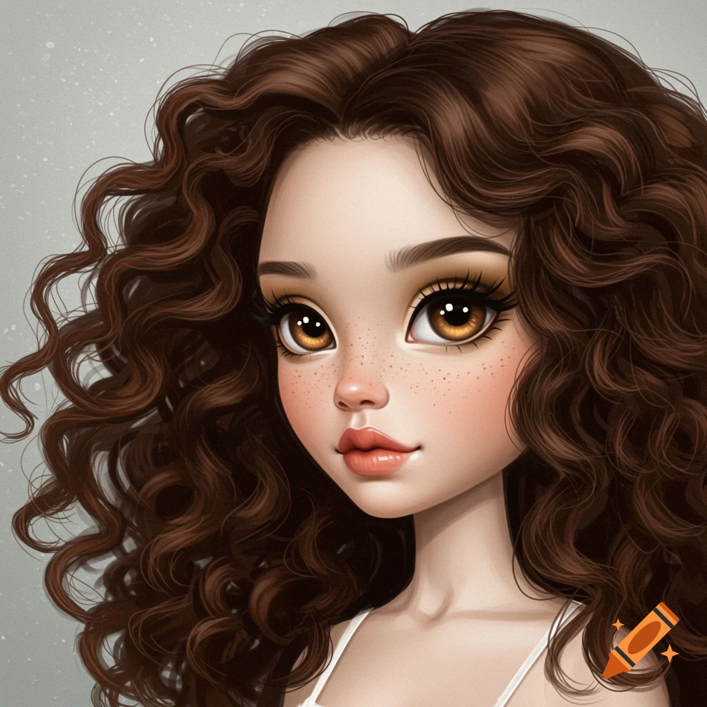 Portrait of a girl with brown curly hair and big eyes.