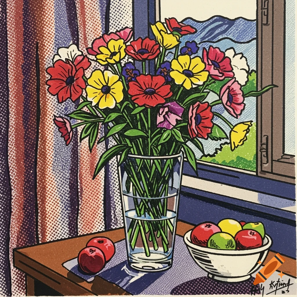 Still life pop art painting of a bouquet of flowers in a vase, fruit bowl, and window.