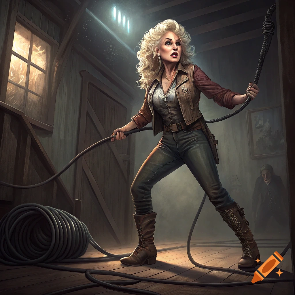 Portrait of woman resembling Dolly Parton in a barn holding cables with a menacing look.