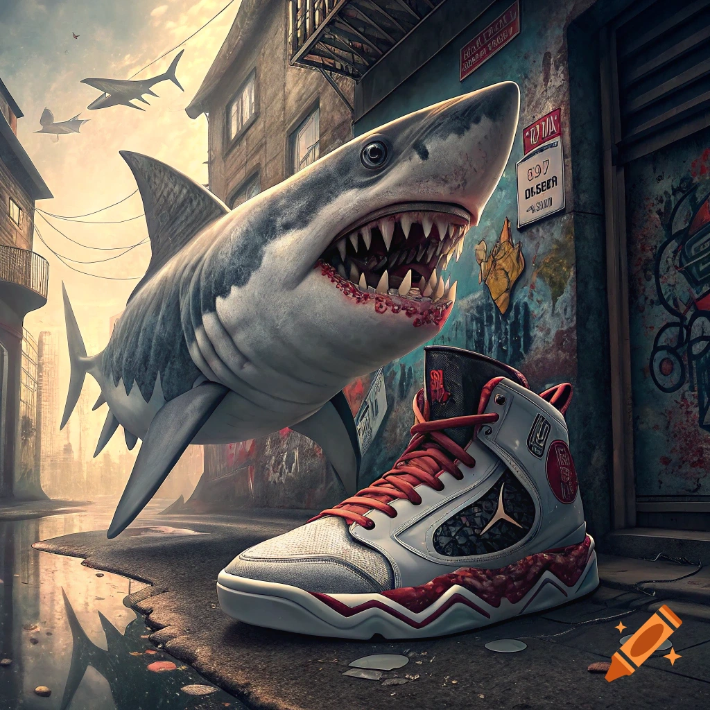 Giant shark next to a large white and red sneaker in an urban alleyway scene.