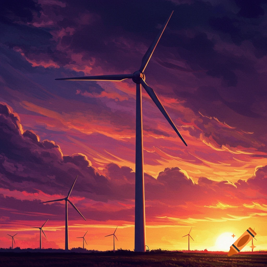 Wind turbines in a field at sunset with dramatic clouds.