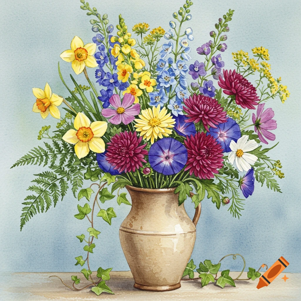 Watercolor painting of a colorful flower bouquet in a vase on a table.