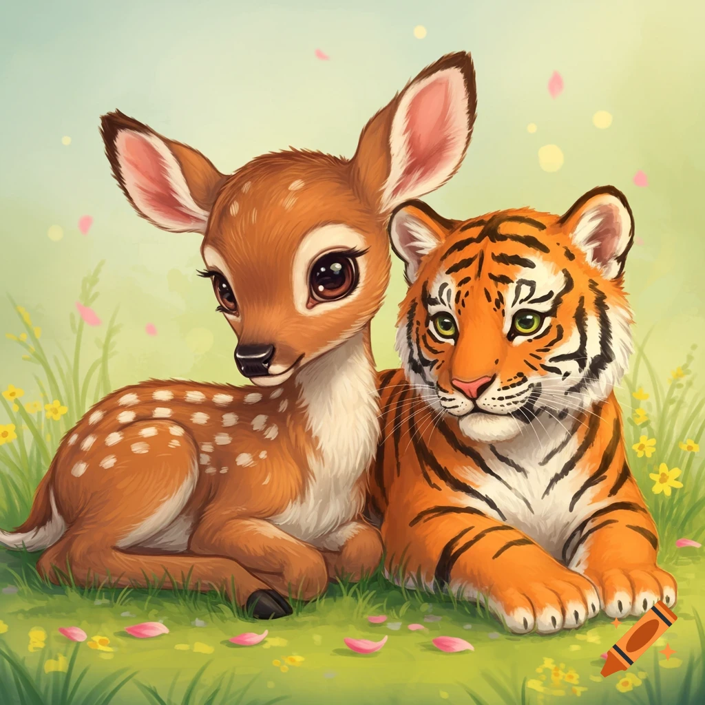 A cute cartoon deer and tiger lie together in a field with flowers and falling petals.