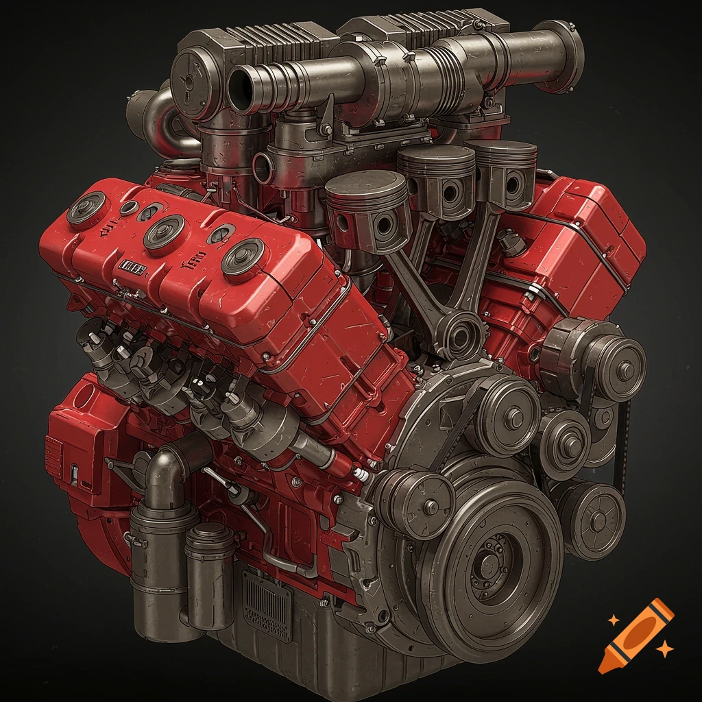Detailed and complex red and gray engine.