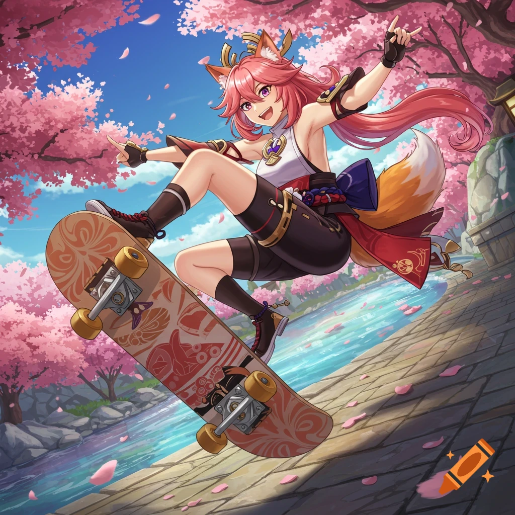 An anime girl with pink hair, fox ears, and a tail skateboards over a stone path near cherry blossom trees and water.
