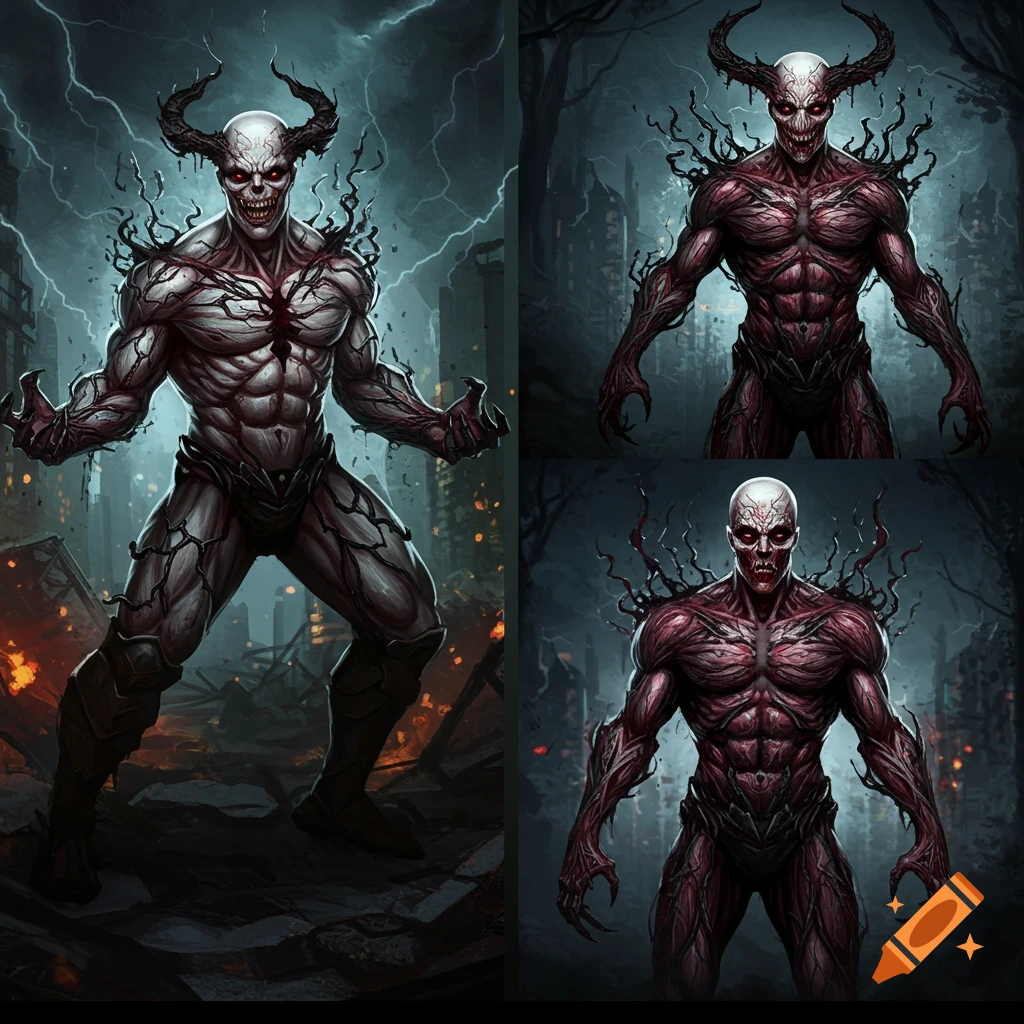 A monstrous figure with horns and veiny skin stands in a ruined city under lightning.