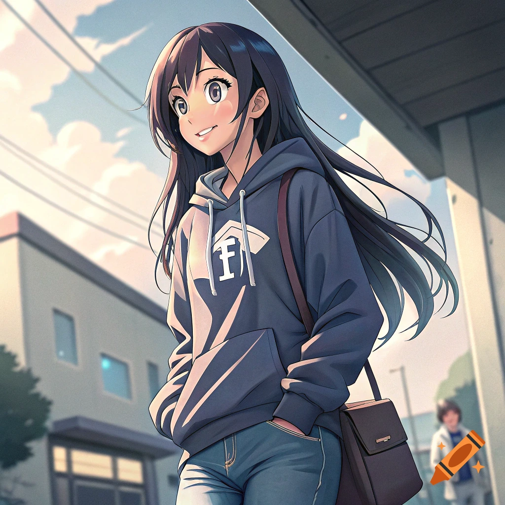 Anime girl in a blue hoodie standing on a street.