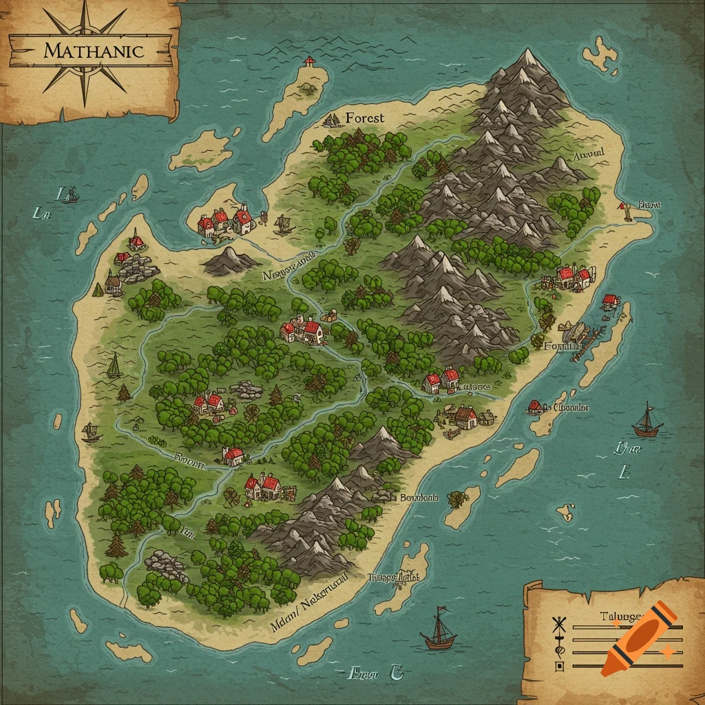 A hand-drawn style fantasy island map with mountains, forests, rivers, villages, and labelled locations.