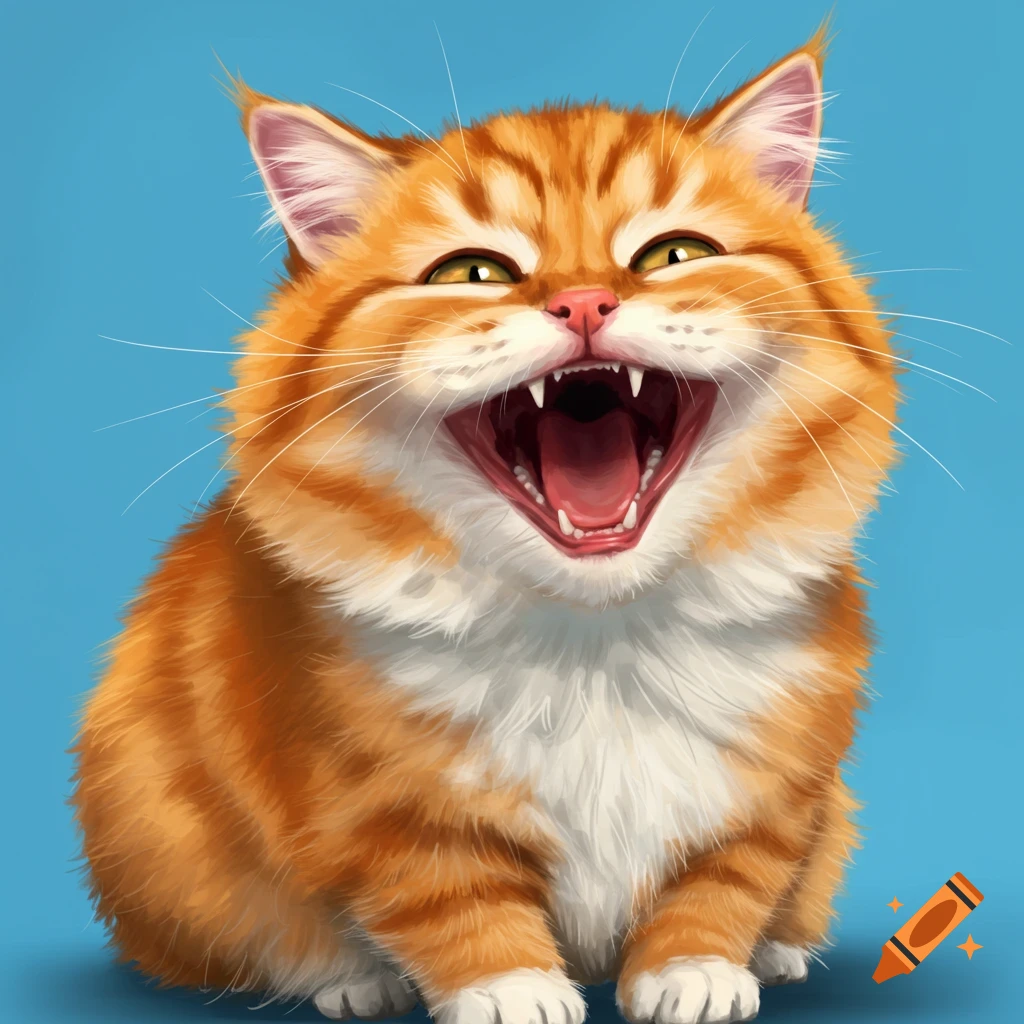 A fluffy orange and white cat with its mouth wide open in a laugh against a blue background.