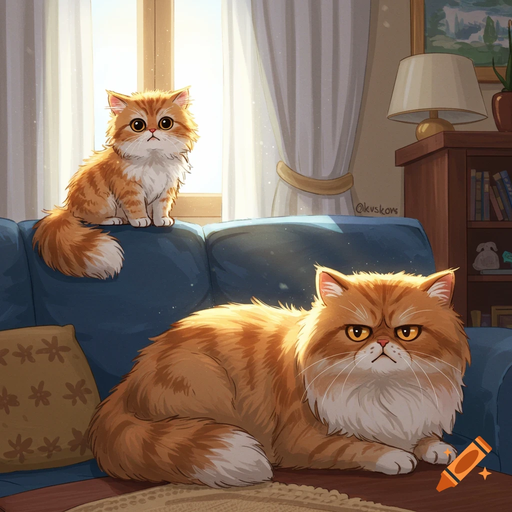 Cute cartoon illustration of two fluffy orange Persian cats in a cozy living room on a blue couch.