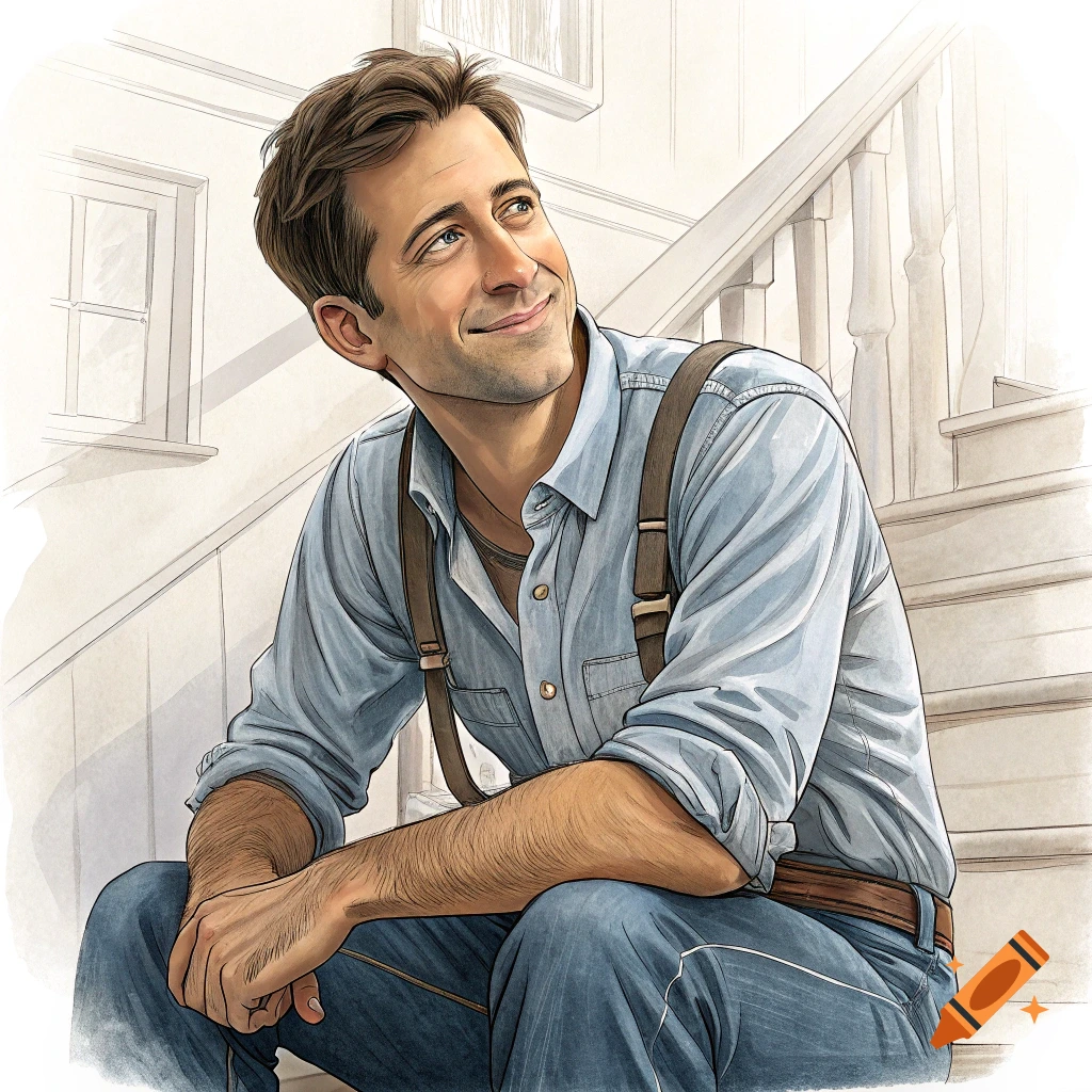 Illustration of a smiling man with suspenders sitting on stairs.