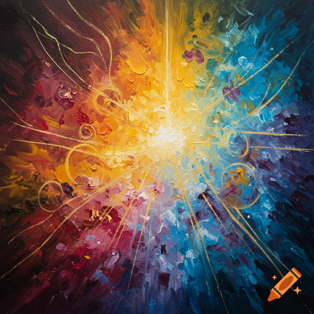Abstract painting of a bright light radiating outward with vibrant colors and golden lines.