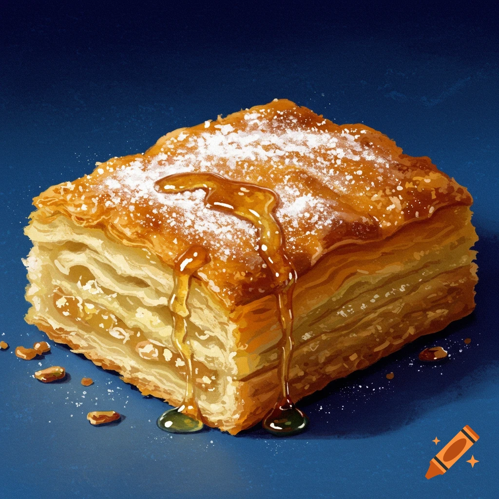 A slice of golden pastry with honey and powdered sugar.