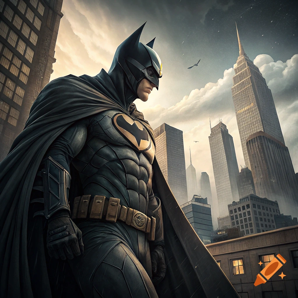 Batman stands dramatically in a city skyline at sunset.
