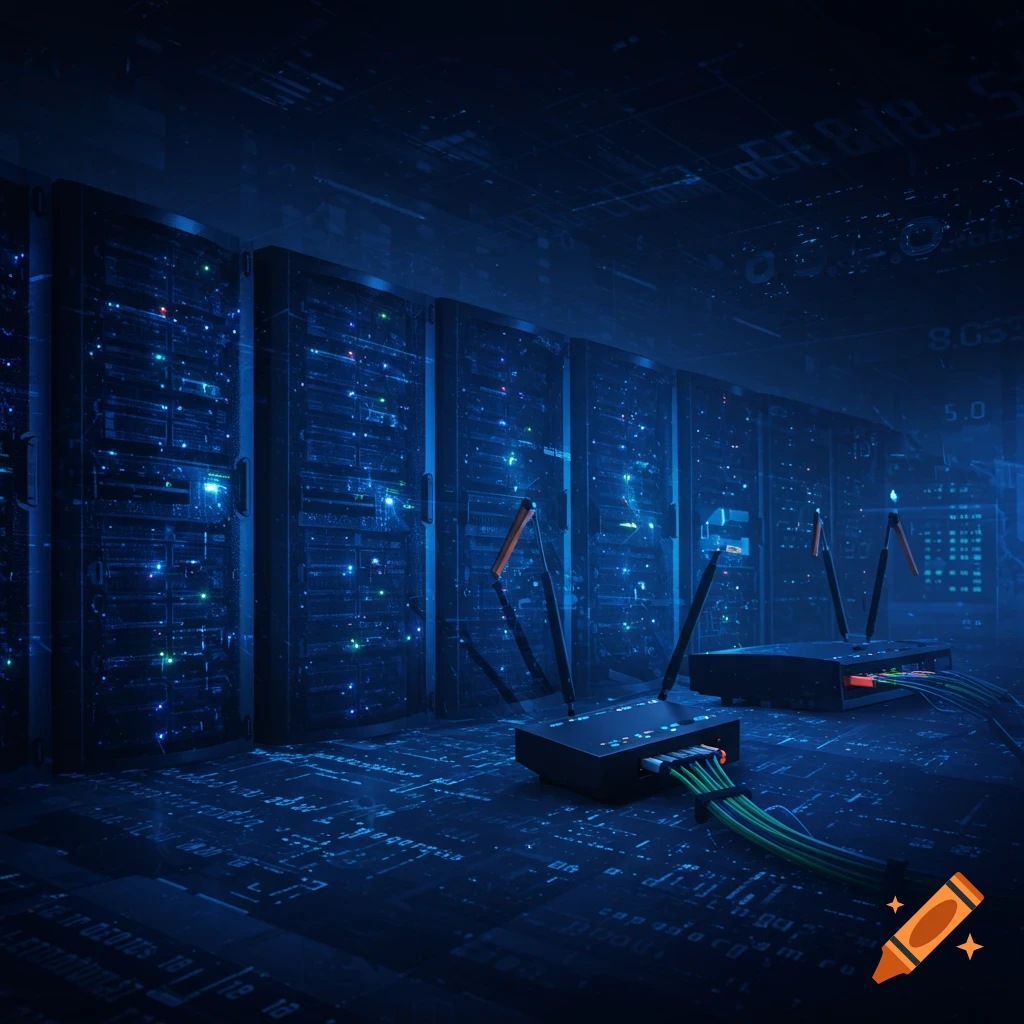A blue/black data center with servers, routers, and glowing text patterns.