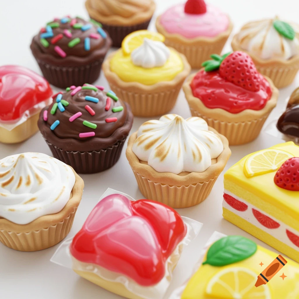 Close-up photo of colorful objects resembling various desserts like cupcakes, tarts, and cakes.