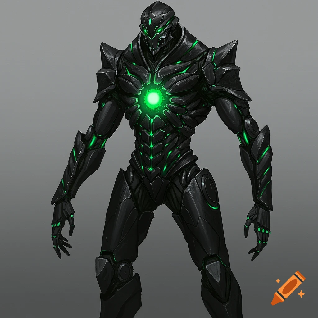 A black robotic suit with glowing green details and a bright green chest core, digital art style.