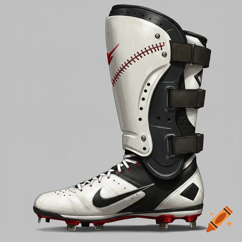Baseball cleat with leg guard on a grey background.