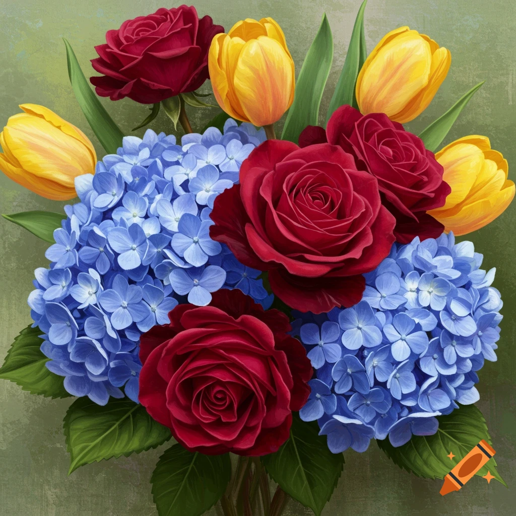 A bouquet with red roses, blue hydrangeas, and yellow tulips.