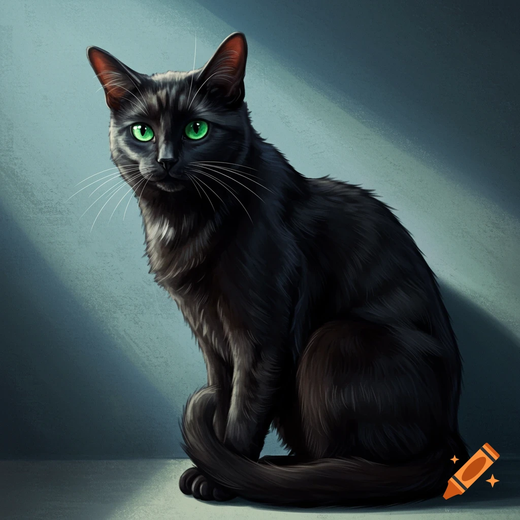 A black cat with green eyes sitting in light