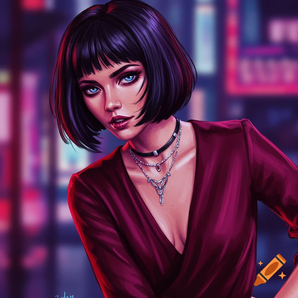 A woman with short dark hair and blue eyes, wearing a red dress and necklaces, against blurred city lights.