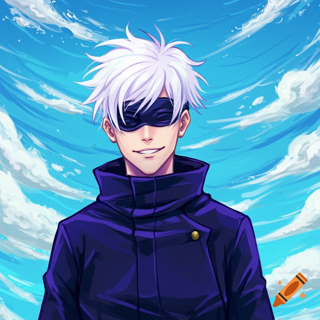 Gojo Satoru with white hair and a black blindfold, smiling in a dark uniform against a blue sky with clouds.