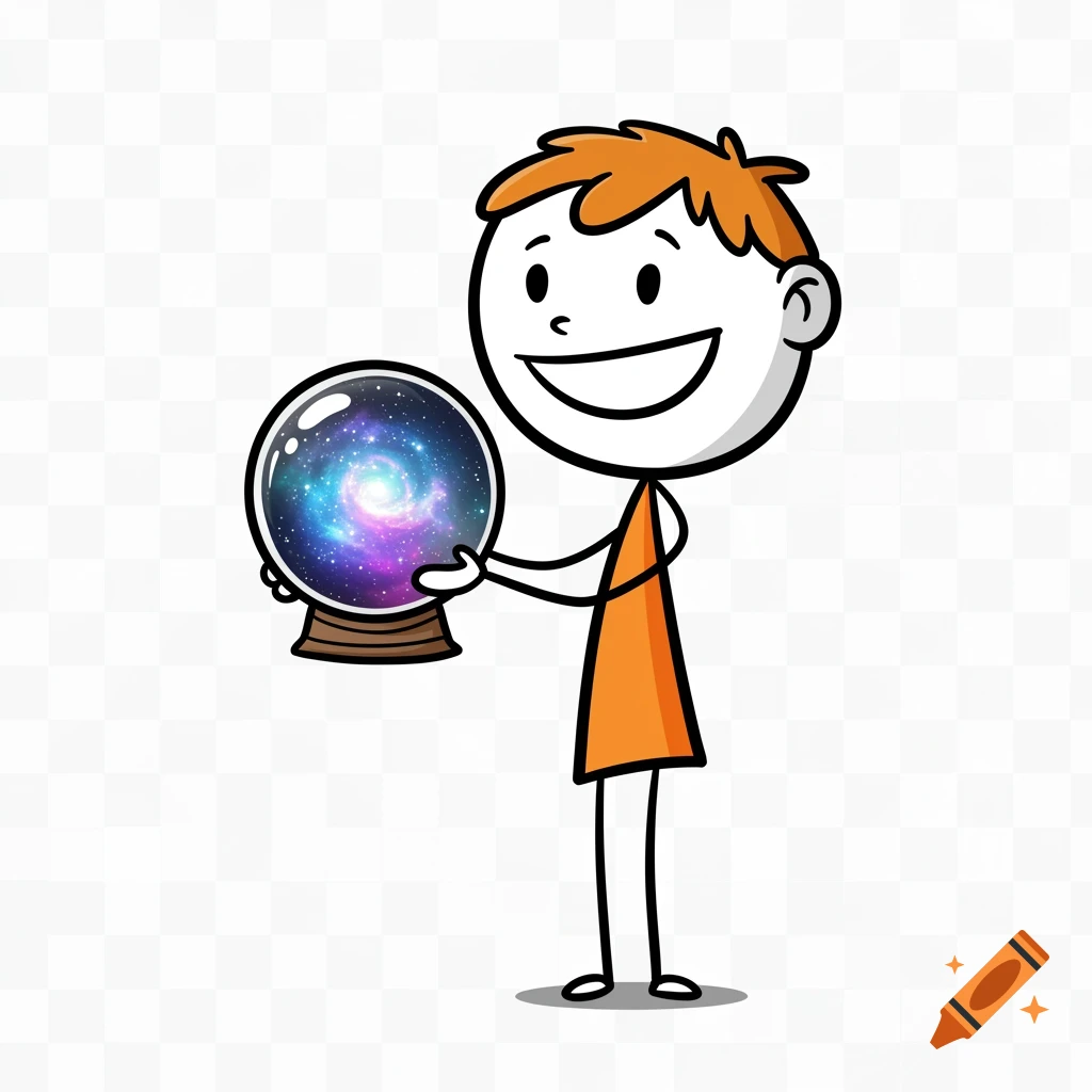 Cartoon stick figure kid holds a crystal ball with a colorful galaxy inside.