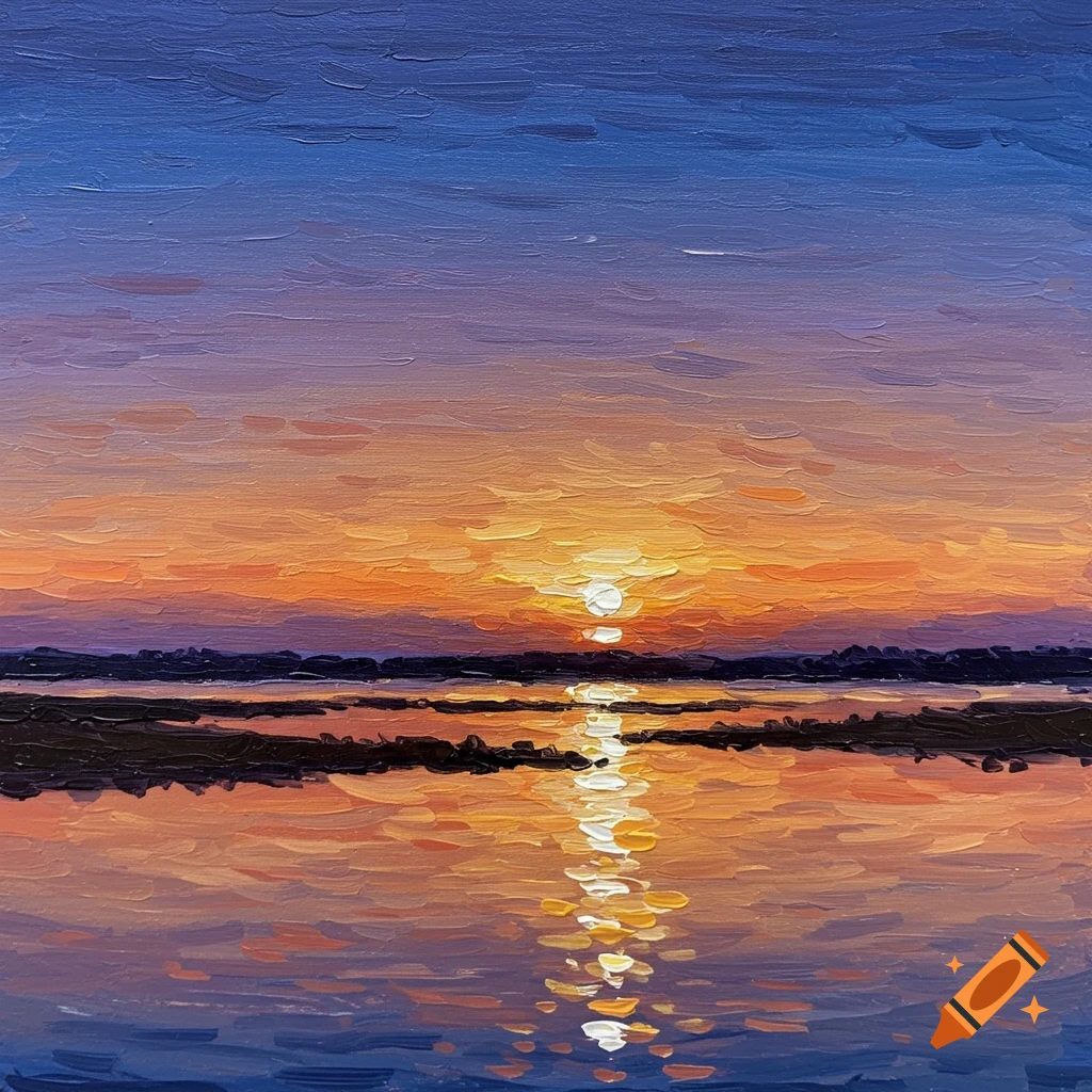 Impressionist painting of a colorful sunset over water with vibrant brushstrokes.