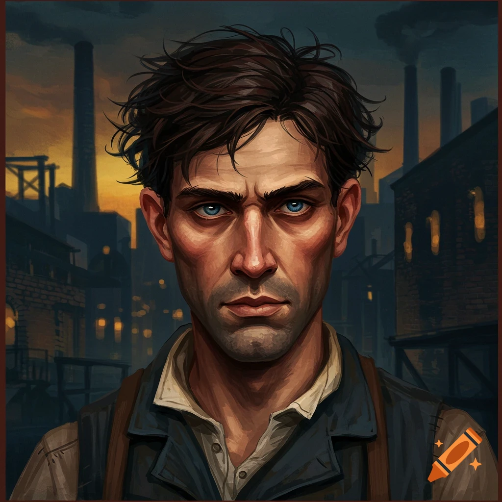 Painting of a man with blue eyes against an industrial background at sunset.