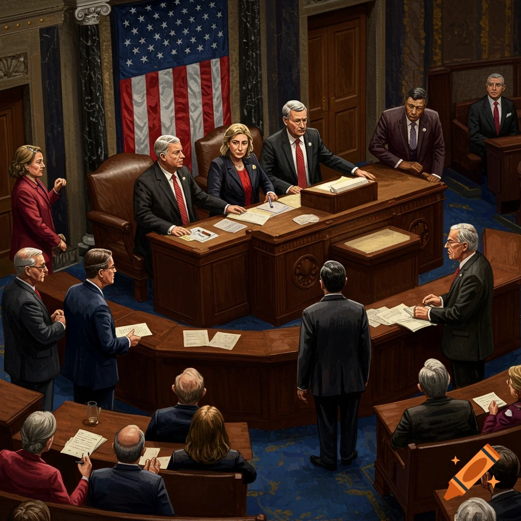 Politicians are gathered in a legislative chamber under a US flag.