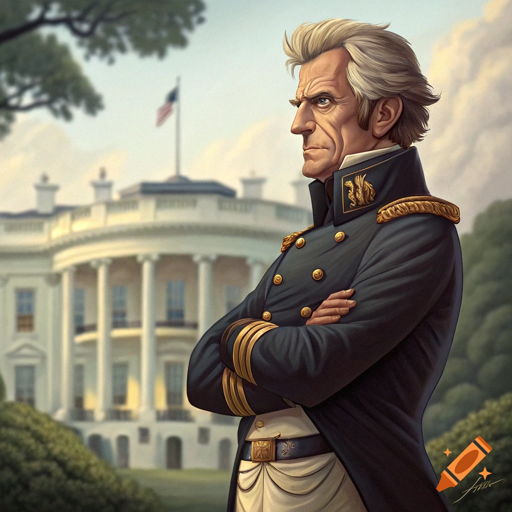 Andrew Jackson in military uniform stands with arms crossed before the White House.