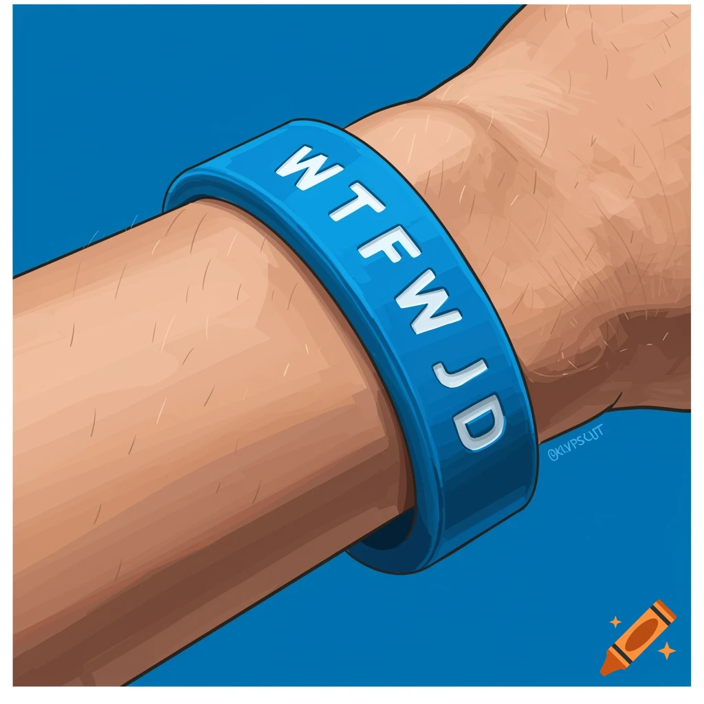 A wrist wears a blue bracelet with white text 'WTFWJD'.