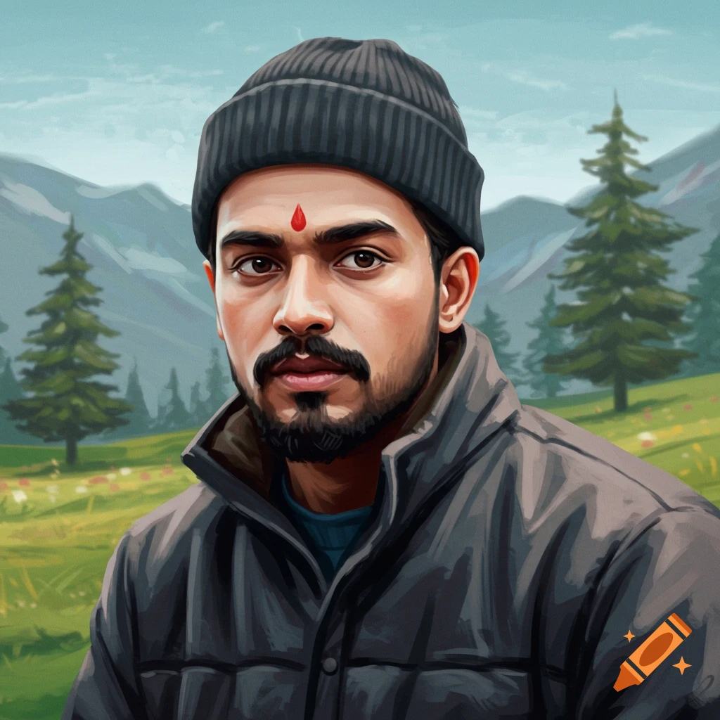 A man in a beanie and jacket in a mountain landscape