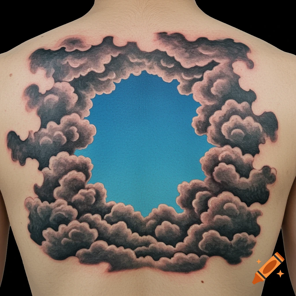 A tattoo on a person's back depicts dark clouds surrounding a hole revealing blue sky.