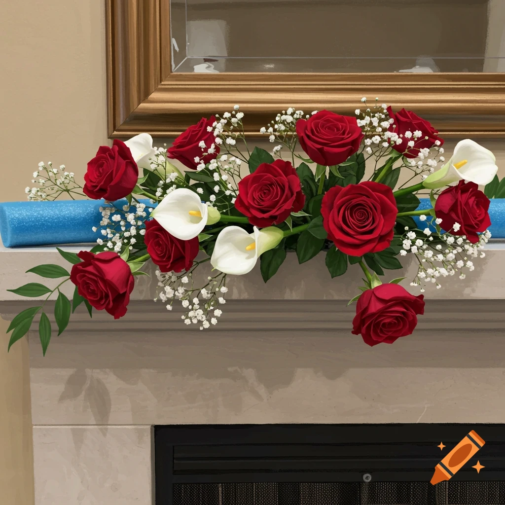 A floral arrangement with red roses, white calla lilies, and baby's breath sits on a mantelpiece.
