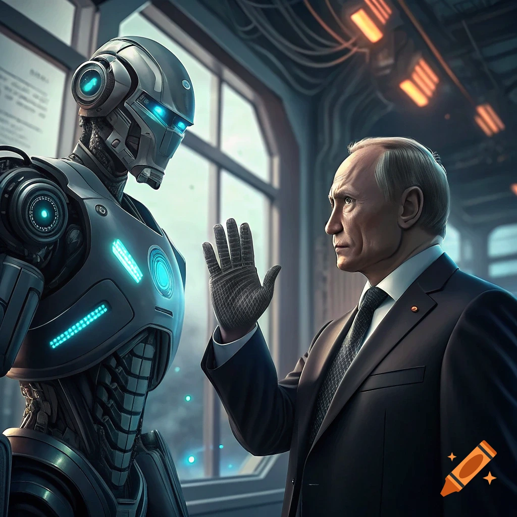 A photorealistic image of a robot raising its hand towards a man in a suit in a futuristic setting.