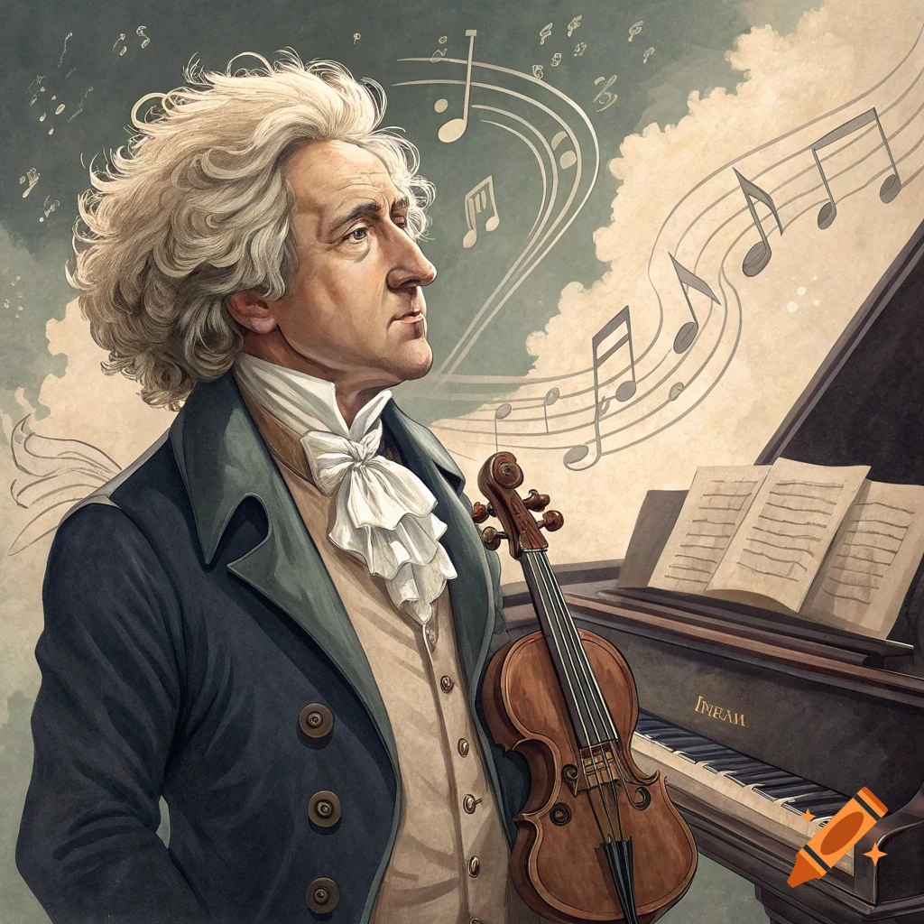 Illustration of a man resembling Beethoven, holding a violin beside a piano with musical notes floating overhead.