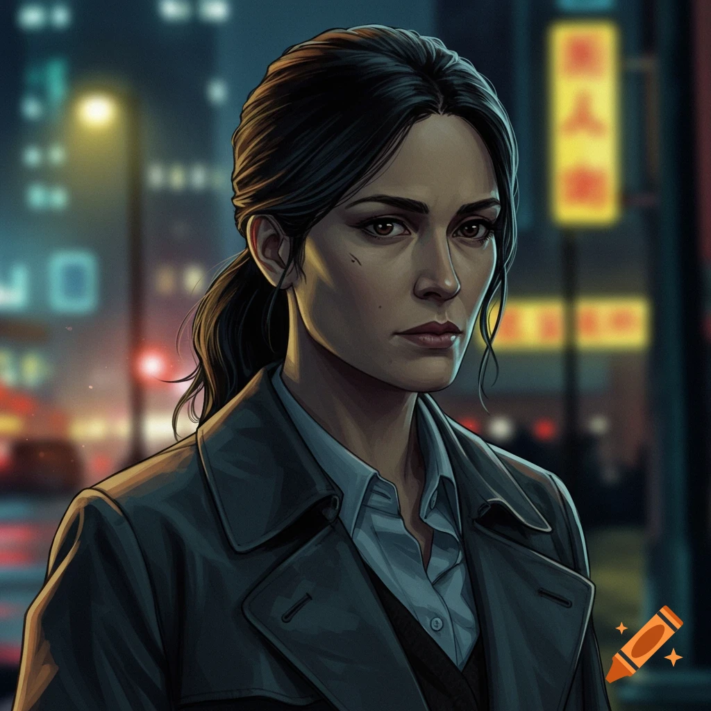 A woman in a trench coat in a city at night
