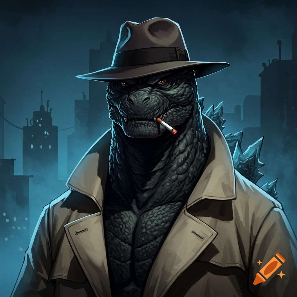Godzilla dressed as a detective in a trench coat and fedora smoking a cigarette in a dark city. Illustration.