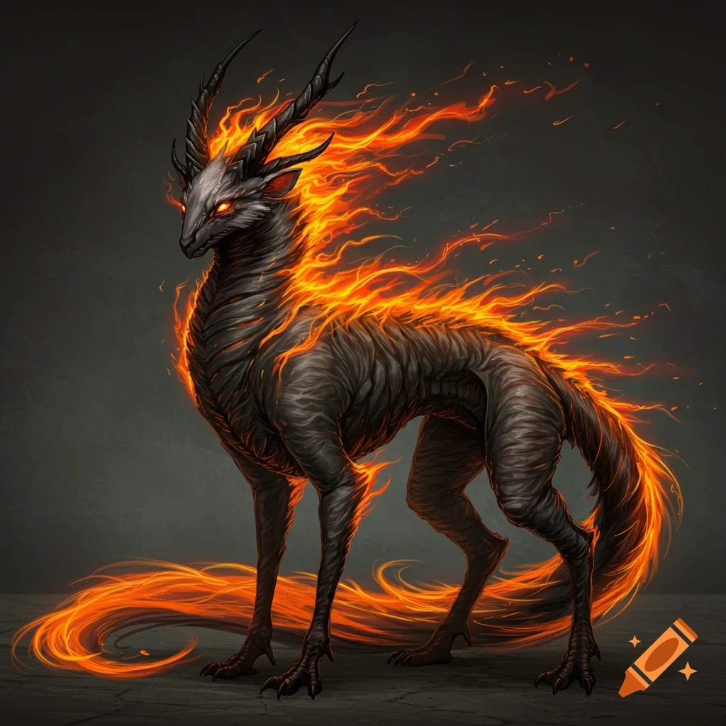 A fantasy creature made of dark, textured skin with glowing orange fire along its back, neck, and tail, standing on a dark floor.