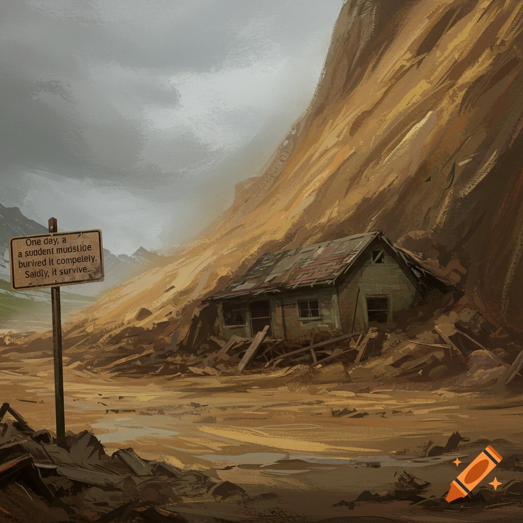 A dilapidated house is partially buried by a large mudslide, with a sign nearby.