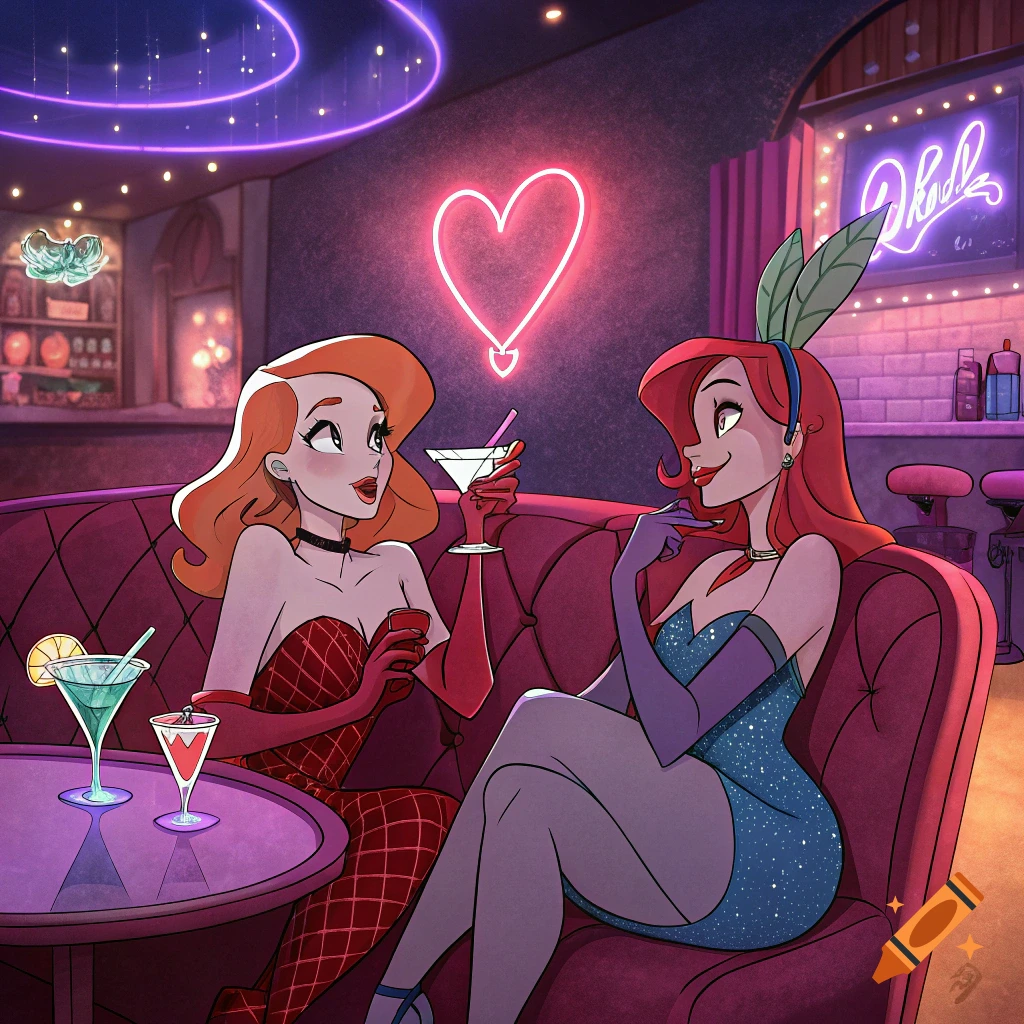 Cartoon art of two women on a couch in a neon-lit bar holding drinks.