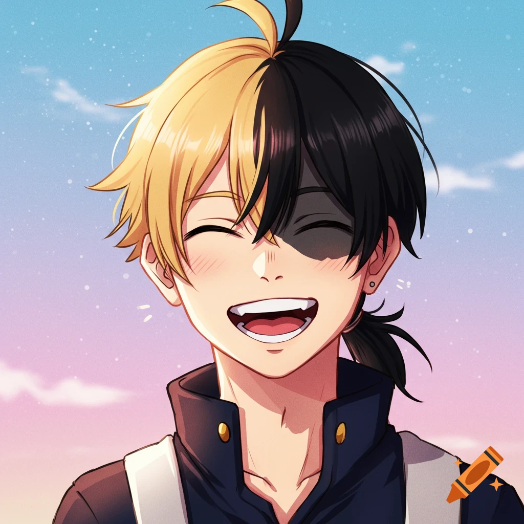 Anime portrait of a smiling guy with blonde and black split hair against a sky background.