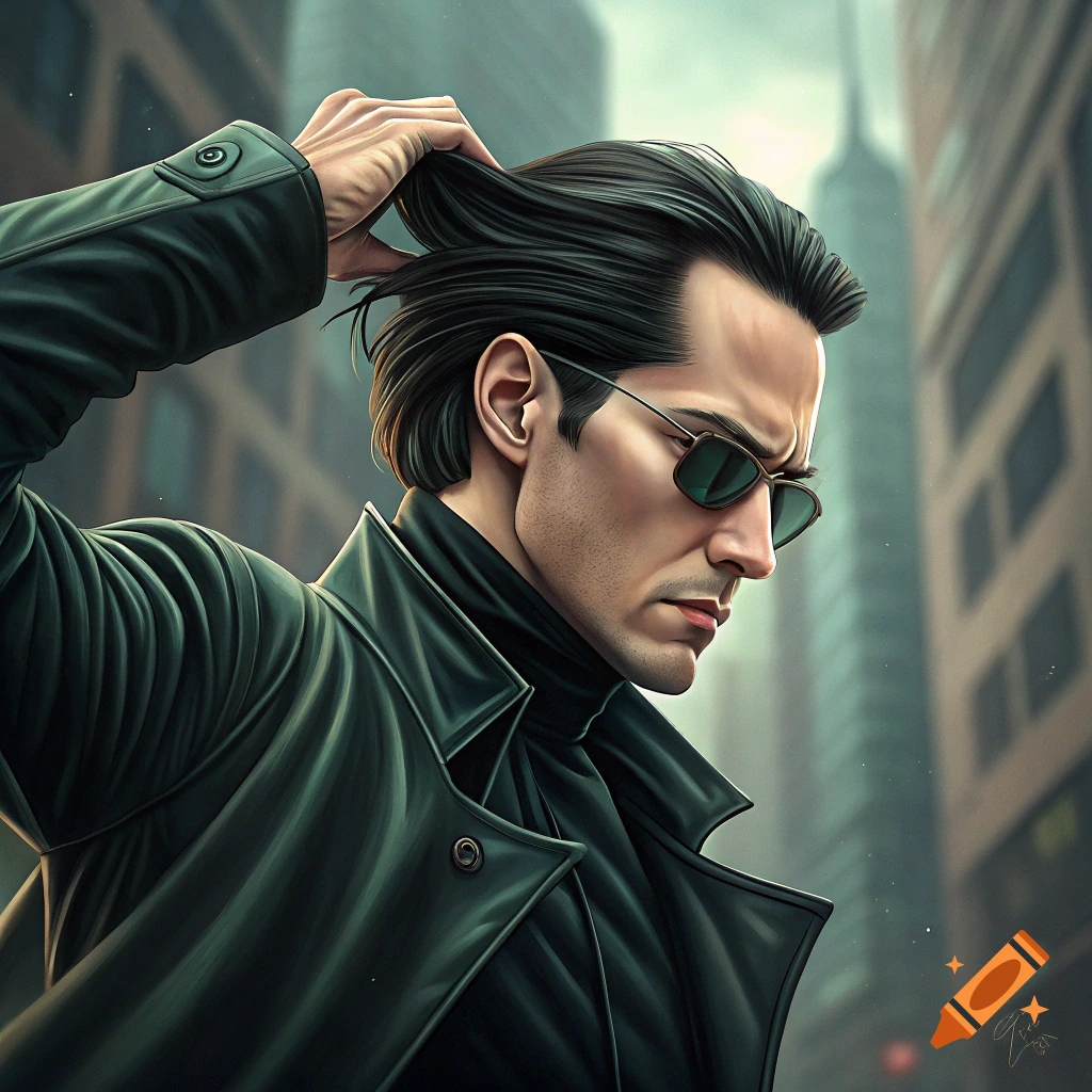 A man in a black coat and sunglasses pulling his hair back in an urban setting, resembling Neo from The Matrix.