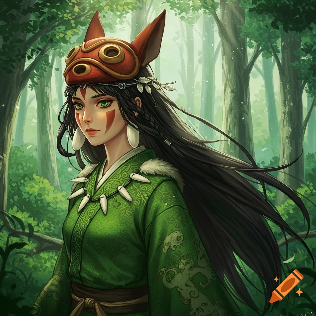 Portrait of a woman wearing a mask and green outfit in a forest, Ghibli style.
